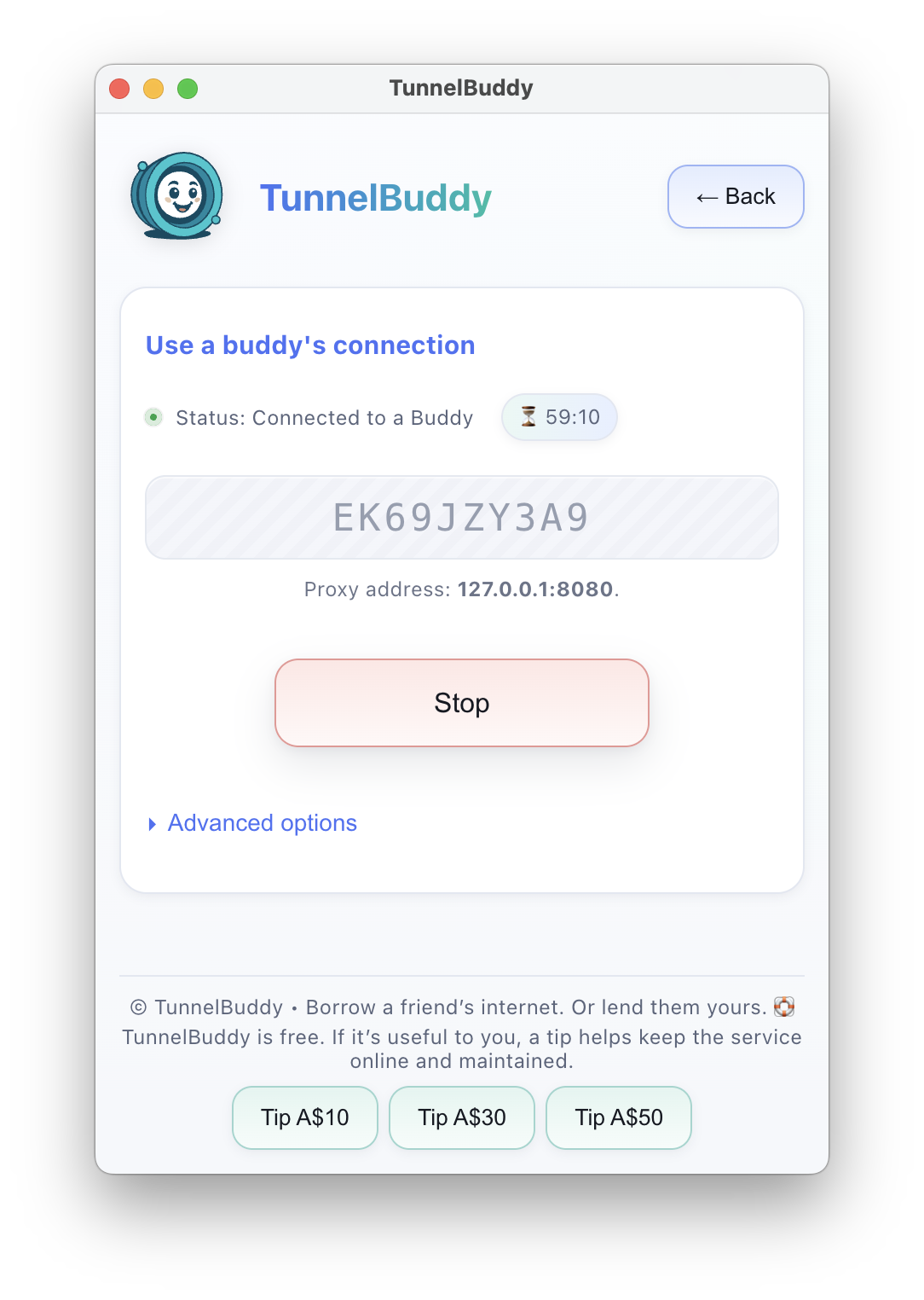 TunnelBuddy desktop app interface showing an active sharing session